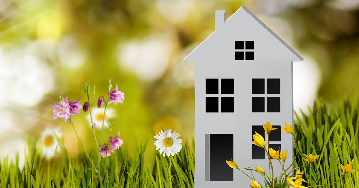 #D afbeelding van een huis in een natuur landschap met gras, bloemen, de zon en een vlinder